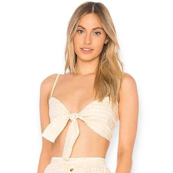 Faithfull The Brand Gingham Yellow & White  Knot Front Bralette Crop Top NEW - Picture 1 of 4